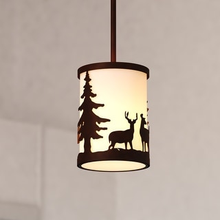 Acadia Bronze Rustic Mini Pendant Ceiling Light White Linen Shade Deer and Tree - 7.5-in W x 23-in H x 7.5-in D