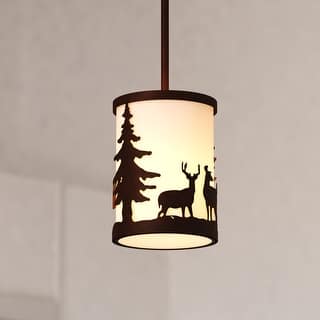 Acadia Bronze Rustic Mini Pendant Ceiling Light White Linen Shade Deer and Tree - 7.5-in W x 23-in H x 7.5-in D