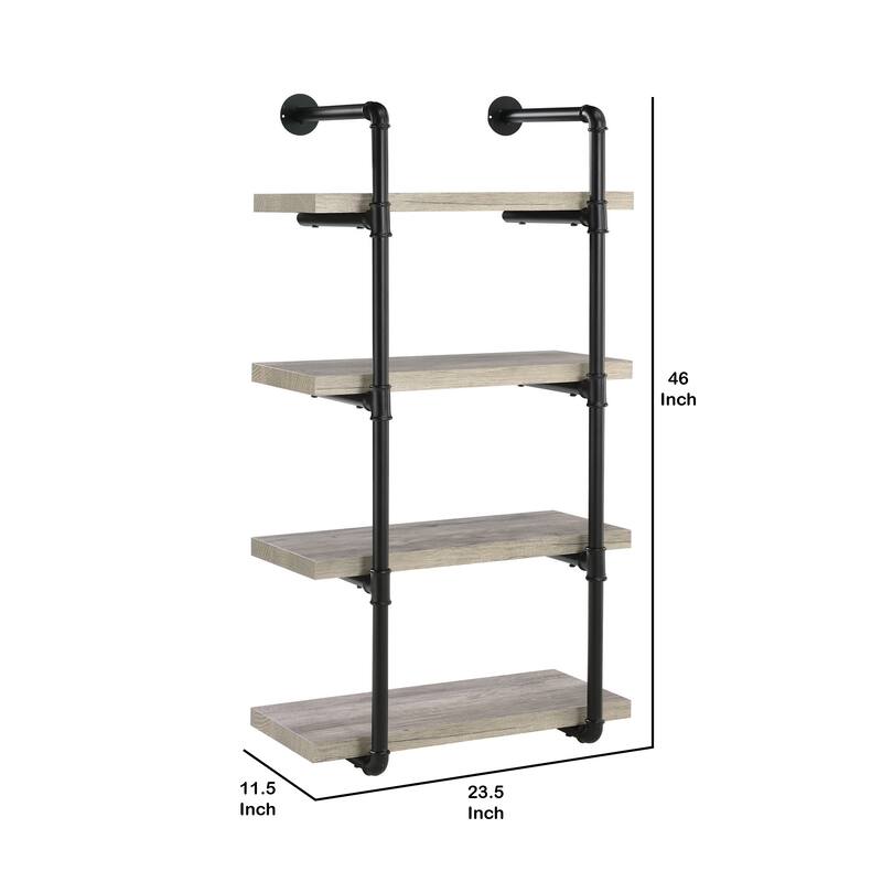 24 Inches 4 Tier Wood and Metal Wall Shelf, Gray and Black