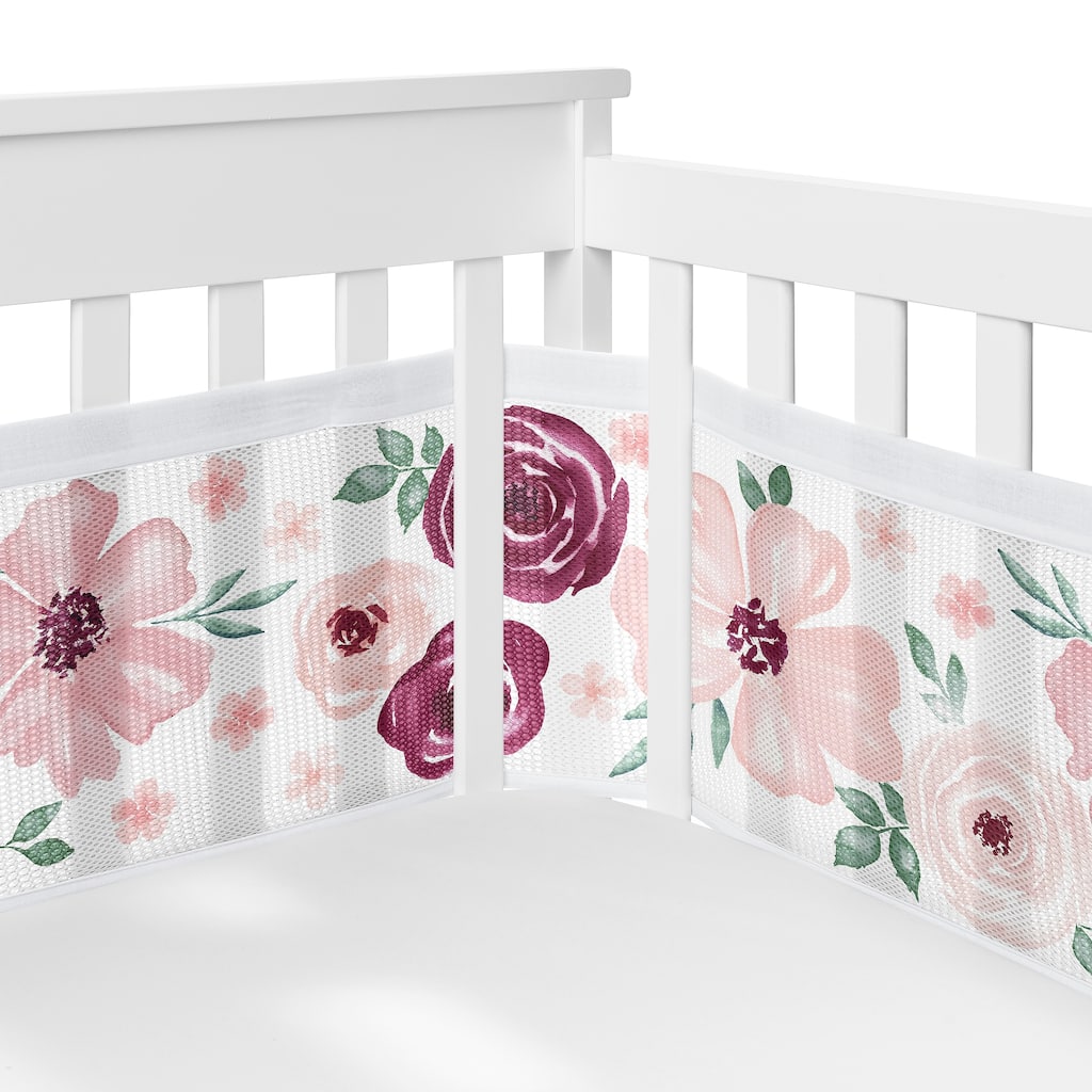 Sweet Jojo Designs + BreathableBaby Breathable Mesh Crib Liner Burgundy Boho Floral Girl Bohemian Chic Watercolor