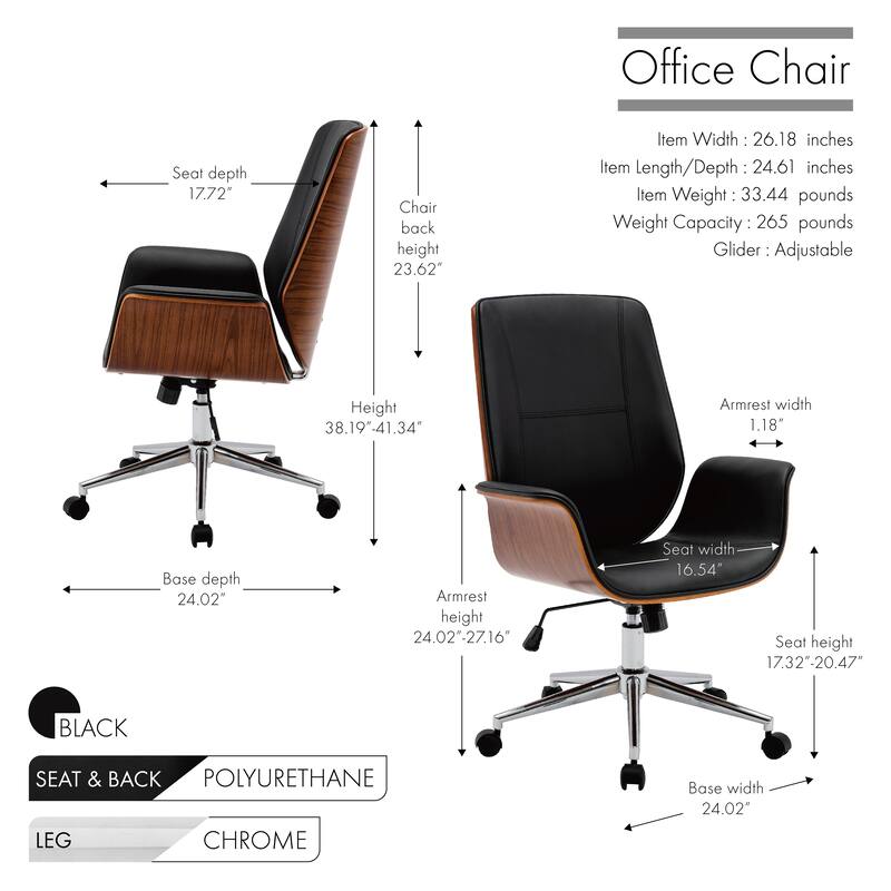 Porthos Home Nole Office Chair, PU Leather, Height Adjustable Seat