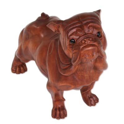 Handmade Begging Bulldog Wood and onyx sculpture(Indonesia)