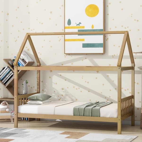 slide 2 of 6, Twin House Bed Frame with Headboard, Rubber Wood Construction, White Oak, 79 x 41 inches White - Twin