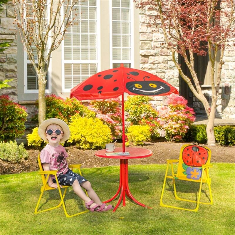 Kids Outdoor Table and Chair Set with Adjustable Umbrella and Steel Frame for Comfortable Seating - Ladybug