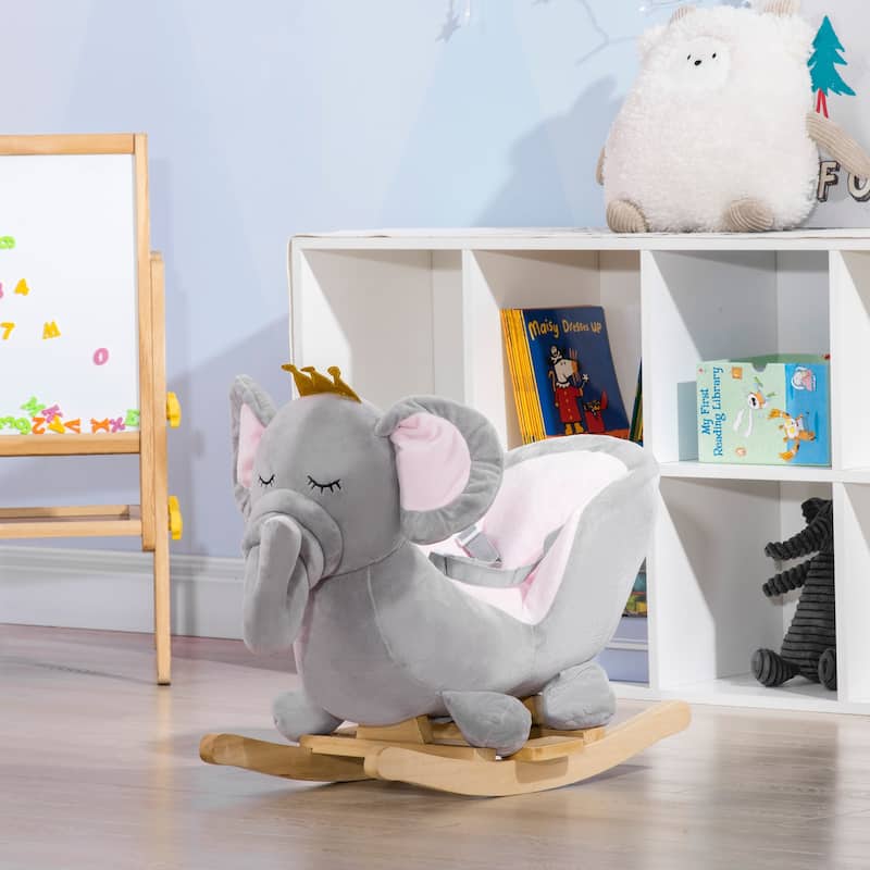 Qaba Baby Rocking Horse Elephant Rocking Chair Toddler Rocker Toy with Sound Wooden Base Seat Safety Belt for 1.5-3 Year Old