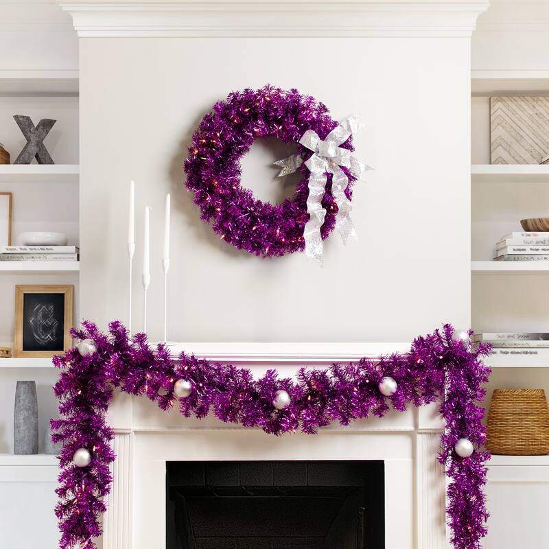 Pre-Lit Artificial Tinsel Christmas Garland - 9' x 8" - Purple - Clear Lights