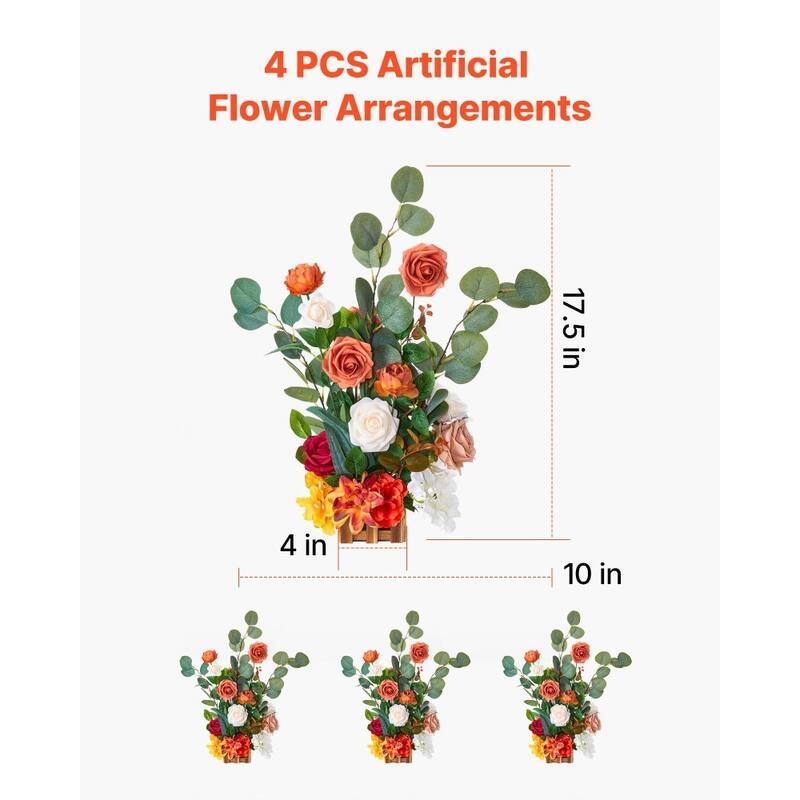 Orange Silk Rose Centerpieces Set of 4 with Wood Base for Weddings - 17.7 x 9.8 x 9.8 inch