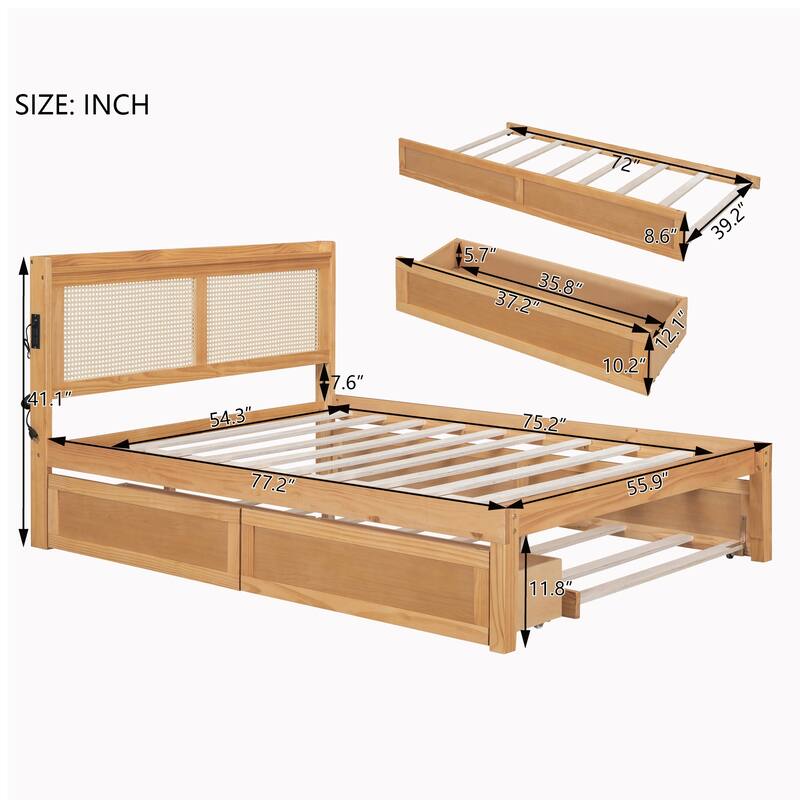 Elegant Bed Frame with Rattan Headboard and Sockets