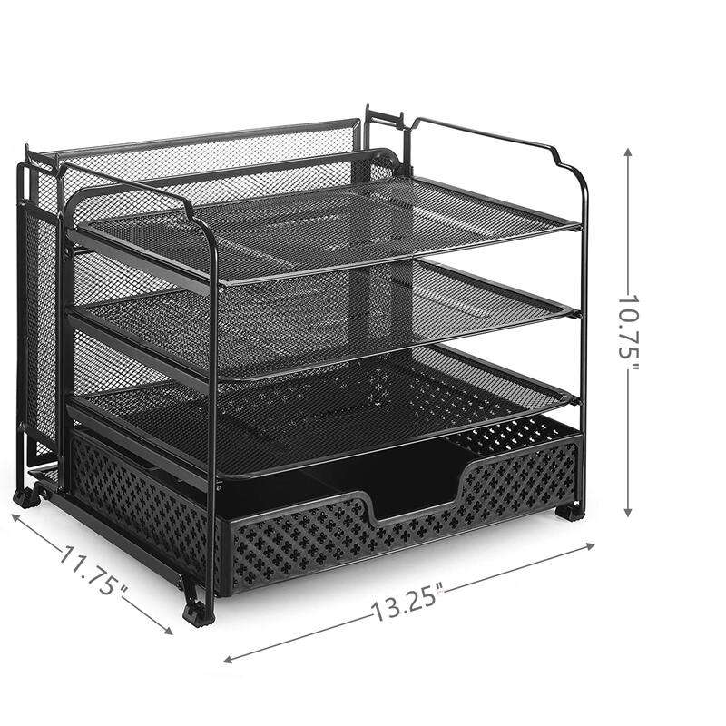 4Trays Desktop File Organizer with Drawer for Home Office, Black On