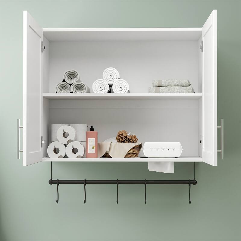 Bathroom Wall Cabinet with Adjustable Shelf, Towel Bar and 5 Hooks