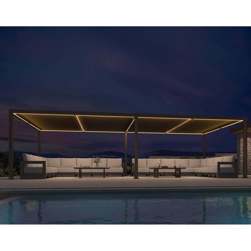 PURPLE LEAF Solar Louvered Pergola with LED String Lights Aluminum Outdoor Pergola with Adjustable Roof for Patio Garden - 11' x 28' - Bronze