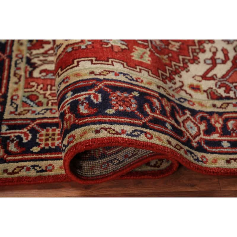 Geometric Heriz Serapi Oriental Rug Orange Handmade Wool Carpet - 4'0"x 5'10"