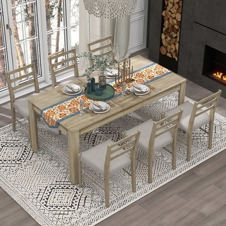 7-Piece Wooden Dining Table Set Mutifunctional Extendable Table with 12” Leaf and 2 Drawers, 6 Dining Chairs with Soft Cushion