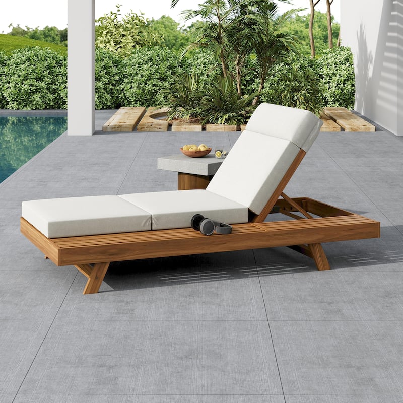 Roomfitters Acacia Wood Chaise Lounge with Headrest and Side Tray, 3-Fold 4" Cushion, Water-Resistant
