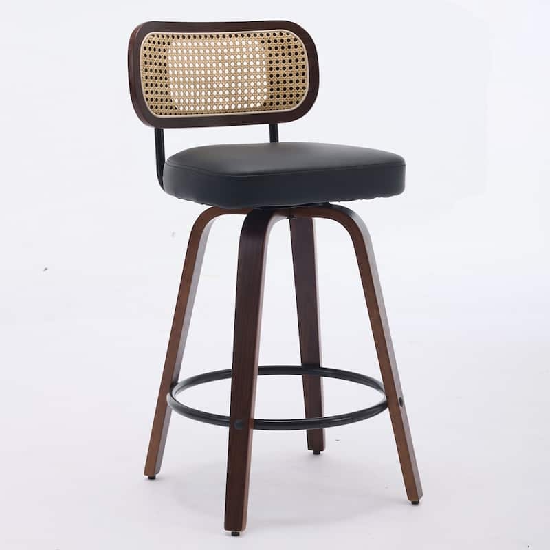 Upholstered Faux Leather Counter Height Barstools with Walnut Back and Bentwood Legs