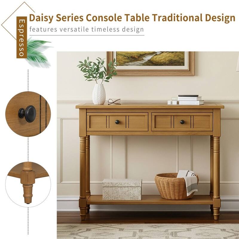 Narrow Console Table, Traditional Pine Wood Design with 2 Drawers and Bottom Shelf for Living Spaces