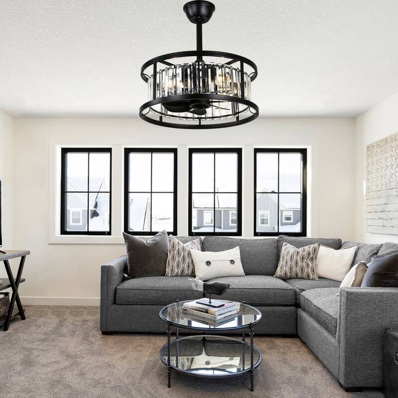Cusp Barn 20" Black Crystal Caged Ceiling Fan with Light and Remote, Modern 8-Blade Fandelier, DC Motor Reversible Ceiling Fan