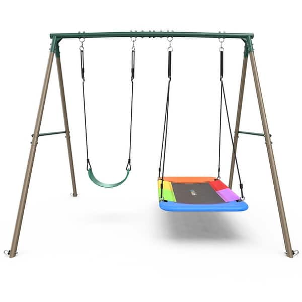 slide 2 of 9, 440lbs Metal Swing Sets for Backyard with 45" Platform Swing and Belt Swing ,Swingset Outdoor for Kids