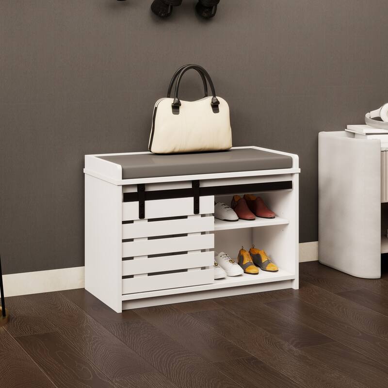 Shoe Storage Bench, 2-Tier Entryway Bench with Sliding Barn Door & 2 Adjustable Shelves & Full Soft Removable Seat Cushion