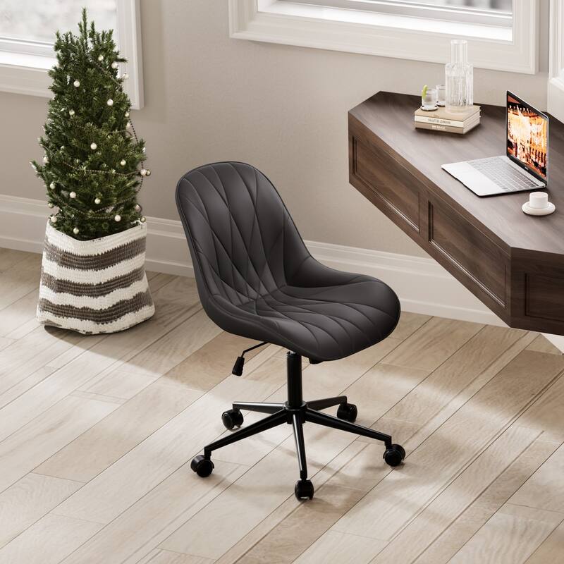 Armless Swivel Office Chair, Faux Leather Task Chairs with Wheels