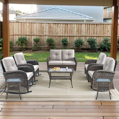 2 Rocking Glider, 2 Swivel Chairs, 1 Loveseat Glider with Coffee Table - Brown