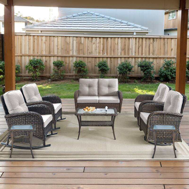 Gymojoy Outdoor Wicker Patio Furniture Loveseat Glider & Chair Set - Loveseat Set - Swivel Chairs & Rocking Chairs - Brown Wicker / Beige Cusion