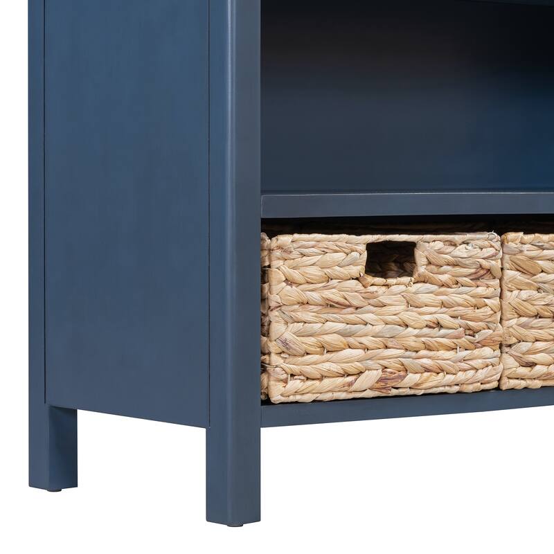 Retro Console Table With 3 Drawers, Entryway Table With 3 Water Hyacinth Woven Baskets,Wooden Accent Sofa Table Buffet Cabinet