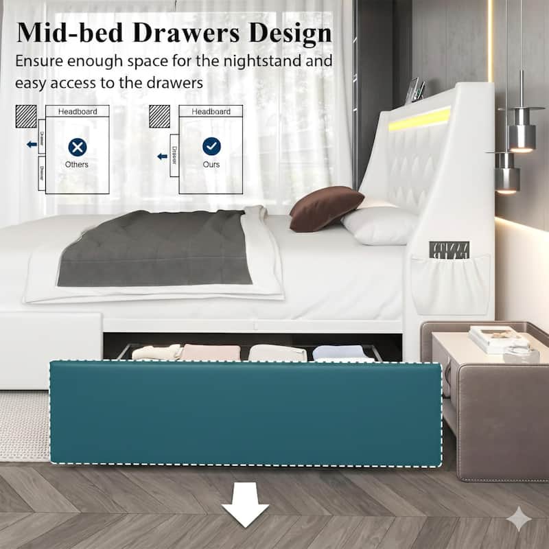 Upholstered Platform Bed Frame with Diamond Tufted Headboard, LED Lights & Charging Station