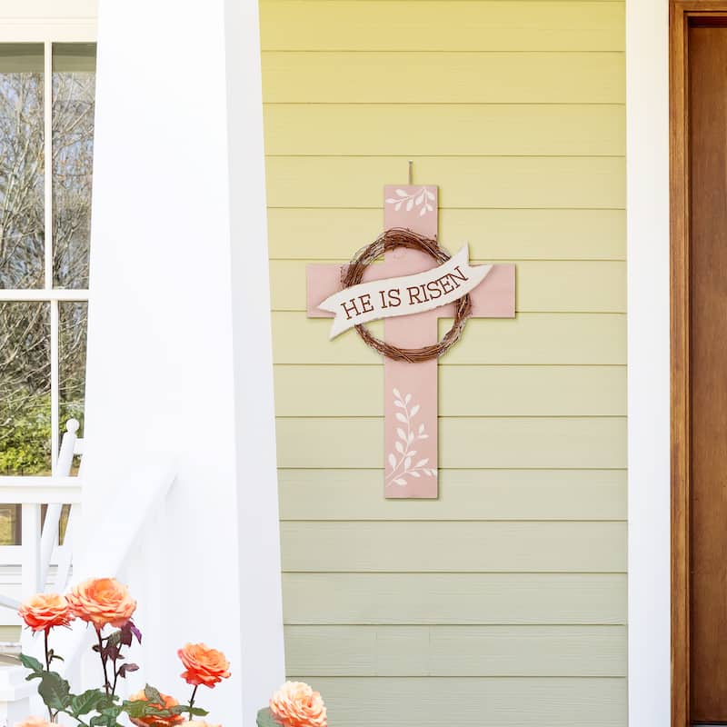 Glitzhome 32"H Easter Wooden Metal Cross Yard Stake Wall Decor