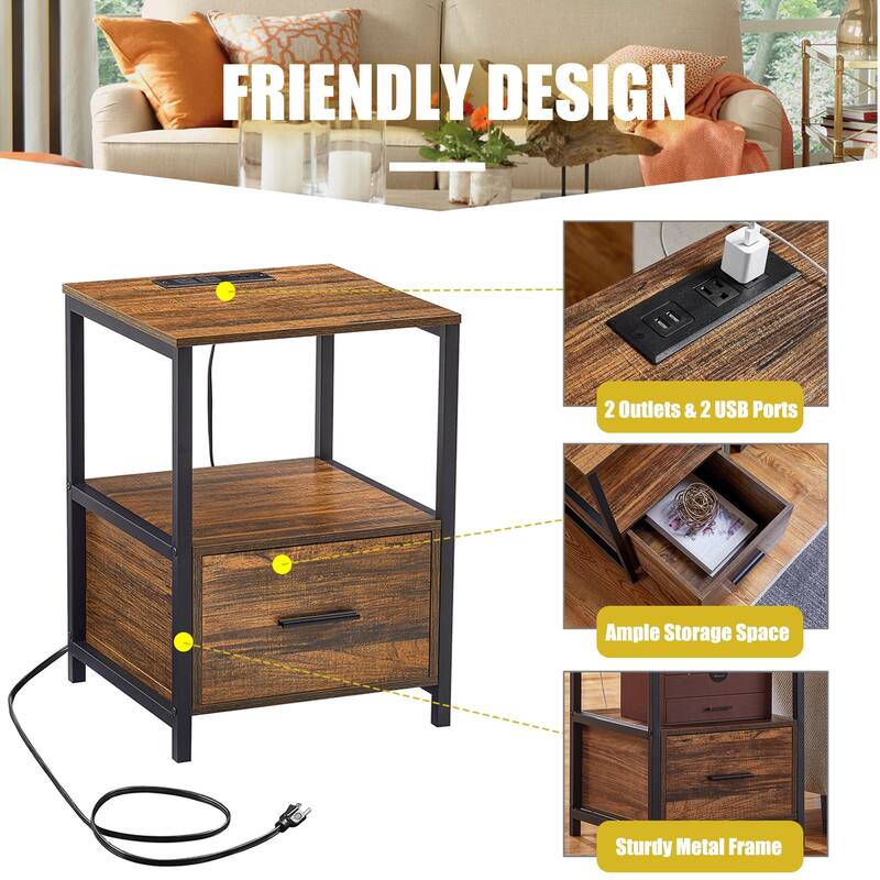VECELO Nightstand Set of 1/2, Modern Square Side End Table, Living Room, Study Metal Frame
