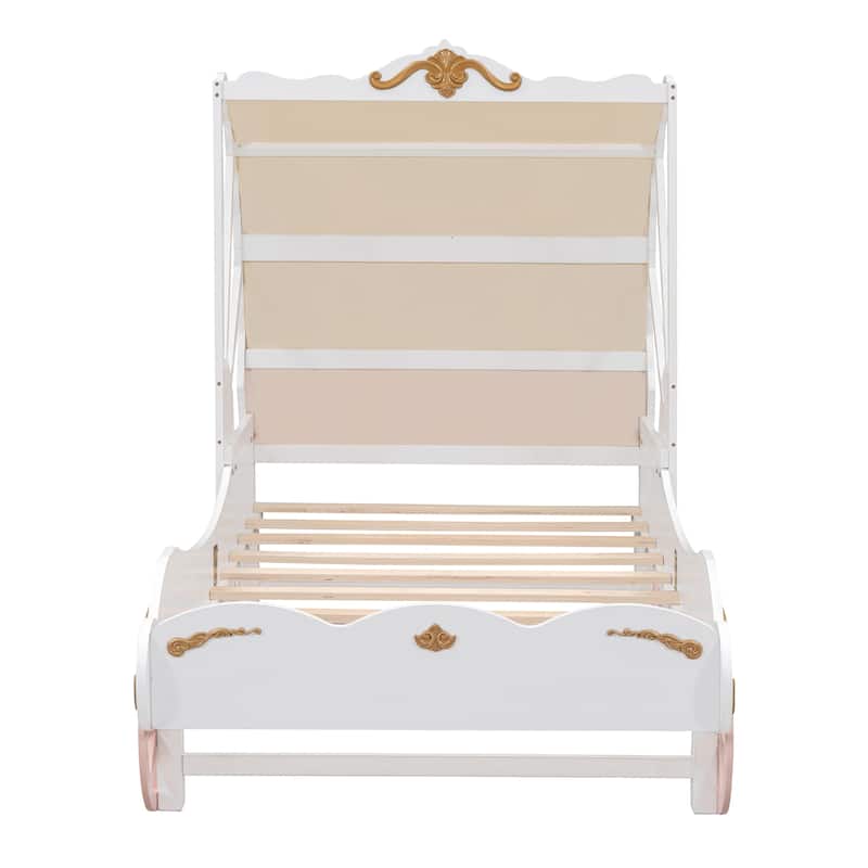 Twin Size Princess Carriage Bed with Canopy, Wood Platform Car Bed with
