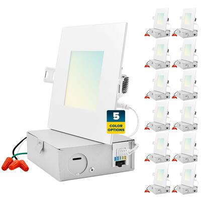 Sunperian 12-Pack 4 inch Square Ultra-Thin LED Recessed Light J-Box 5 Color Options 10W 750 Lumens Dimmable Wet Rated