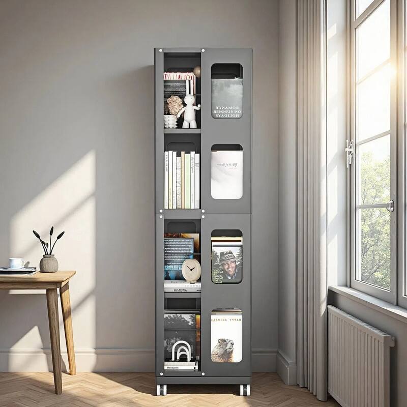 Rotating Bookshelf Tower 4 Tier All-Steel with 360° Wheels，Moveable Storage Rack Corner Bookshelf