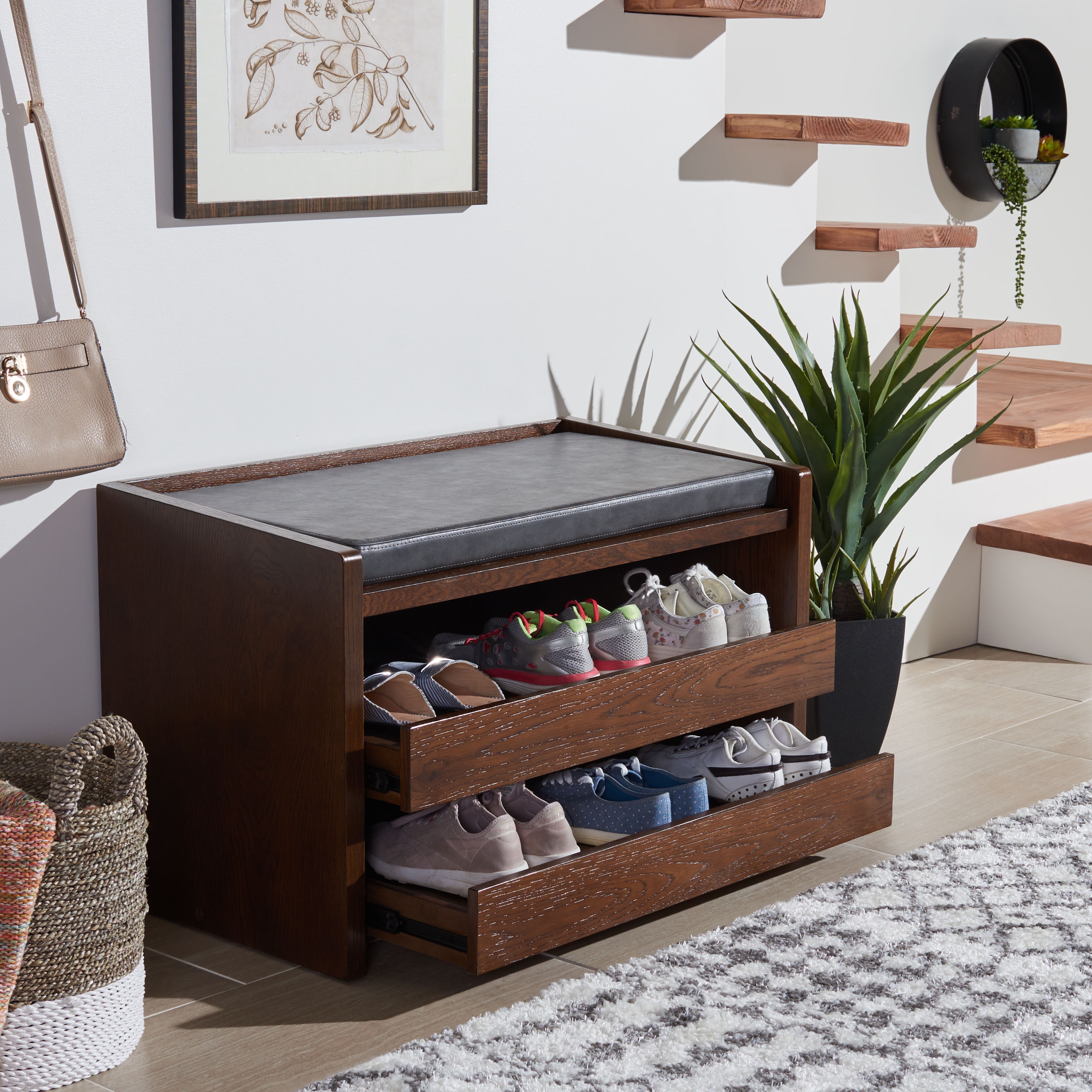 SAFAVIEH Percy Shoe Storage Bench White Grey 33.8