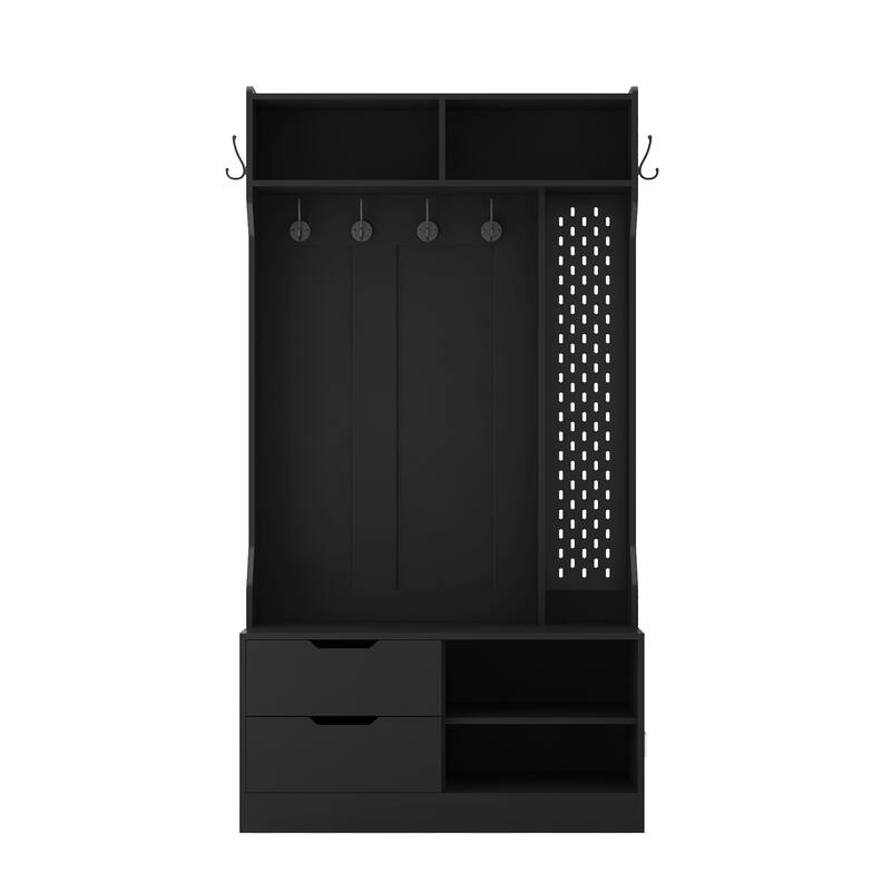 4-in-1 Coat Rack, Hall Tree with Shoe Bench and Storage Compartment, Entryway Bench with Hanging Hooks and Open Shelves