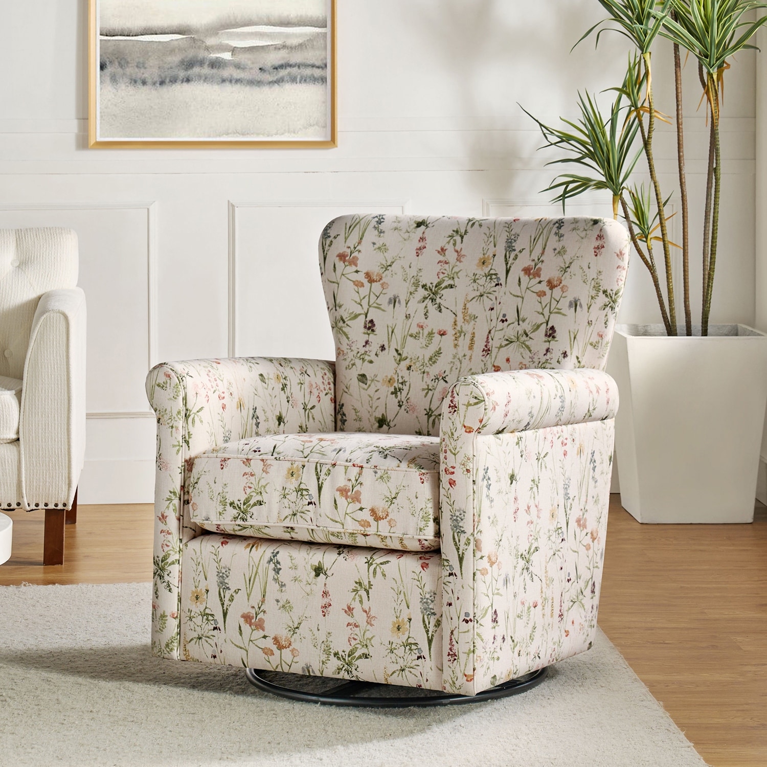 HULALA HOME Georg Transitional Floral Fabric Swivel Rocker Chair with Removable Backrest and Rolled Armrest