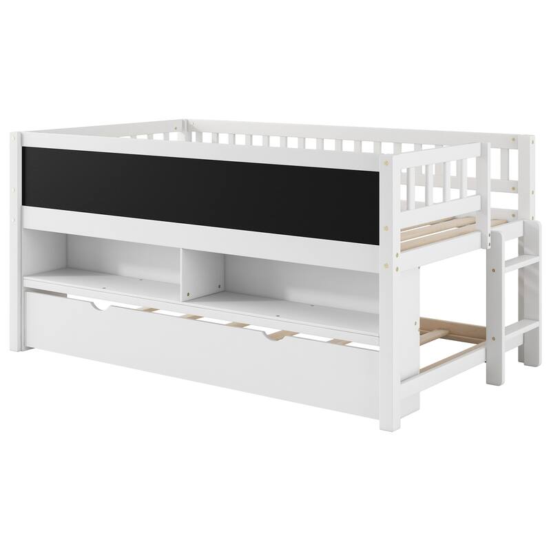 Twin Size Low Loft Bed with Trundle, Solid Wood Bed Frame with Storage Shelves & Blackboard, Space-Saving Design for Small Rooms
