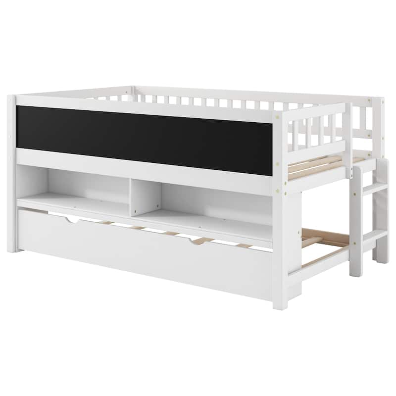 Twin Size Wood Low Loft Bed with Storage Shelves, Blackboard and Trundle, White