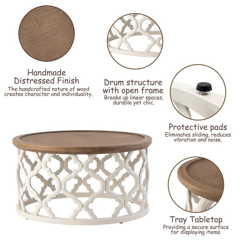 COZAYH Farmhouse End Table, Distressed Tray Top Coffee Table with Curved Motif Frame Base for Boho, Rustic, French Country