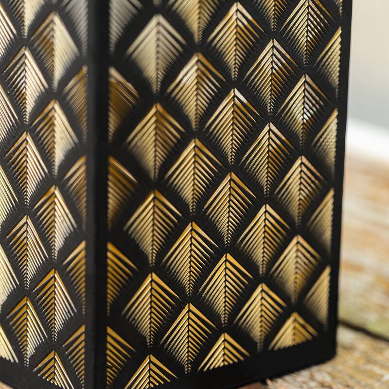 Glitzhome 11"H Black Metal Cutout or Square Textured Glass Pattern Solar Powered Hanging Lantern with LED Light