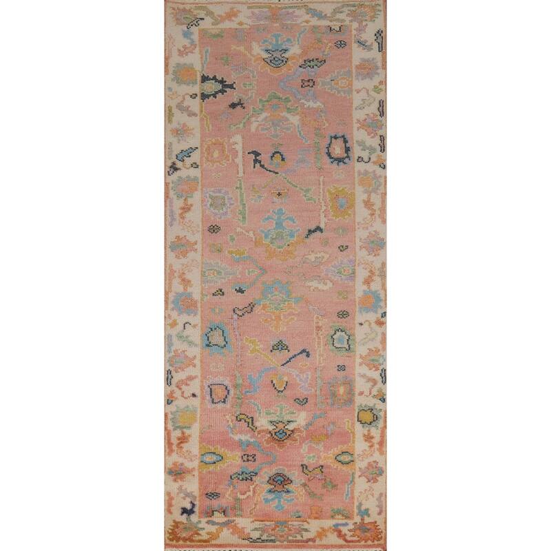 Pink Oushak Indian Runner Rug Hand-Knotted Wool Carpet - 2'6"x 7'11"
