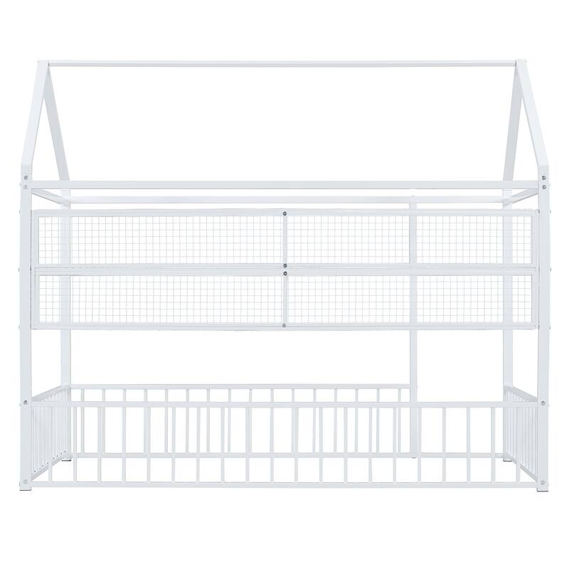 Full Size Metal House Bed Frame with Built-In Grid Shelves, Playful Canopy Design and Space-Saving Storage