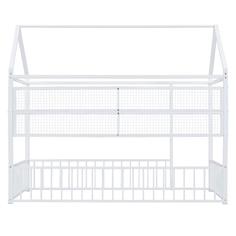 Twin Size Metal House Platform Bed Frame with Storage Shelves,Fence and Shelves