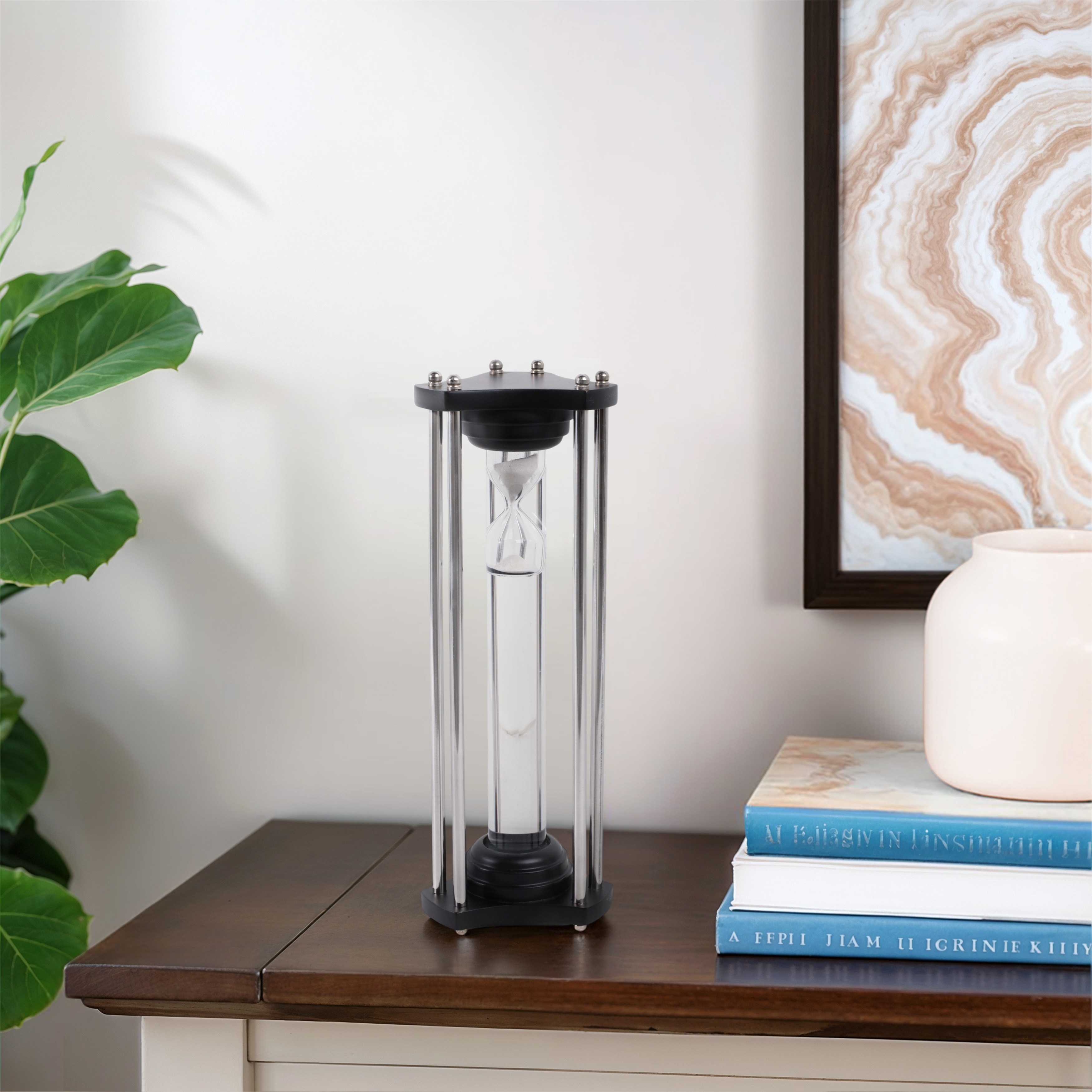Wood Glass Hourglass Sand Timer Modern Cylinder Frame - 13" Black - 4" x 4" x 13"