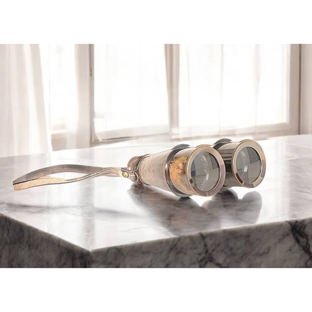 HomeRoots Rustic Brass And Leather Binoculars In Wood Storage Box - 5' X '2.25' X '5.25