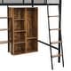 preview thumbnail 7 of 10, Full Size Black Metal Bed with Wardrobeand & Storage Shelves, Space-Saving Loft Bed Frame w/ Ladder, Full-Length Mesh Guardrail