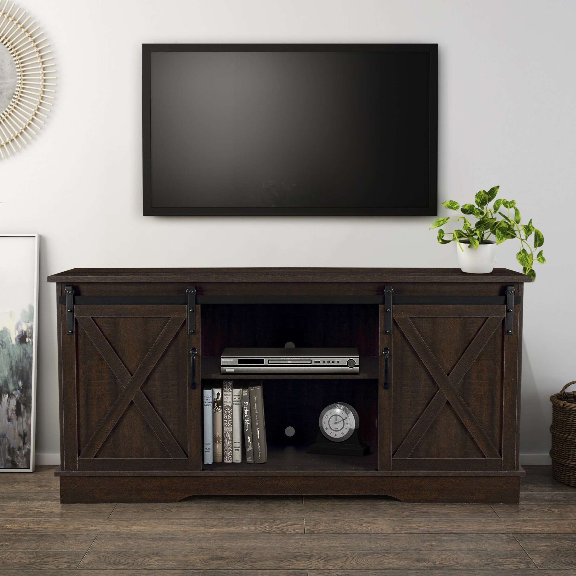 Espresso Rustic Tv Stand Wood Sliding Barn Door Media Console