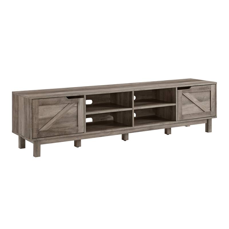 70" Farmhouse TV Stand for 80" TVs, Featuring Rustic Barn Doors, Open Cubbies, and Cord Management Ports - Grey