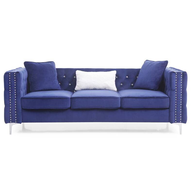 Blue Velvet Sofa with Tufted Design and Chromed Steel Legs