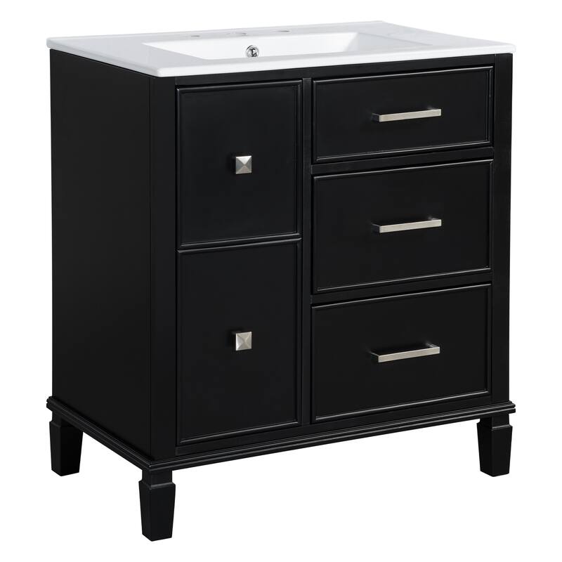 Roomfitters 30" Bathroom Vanity with Ceramic Sink Flip-Out Drawer for Plumbing Solid Wood Legs and MDF Cabinet